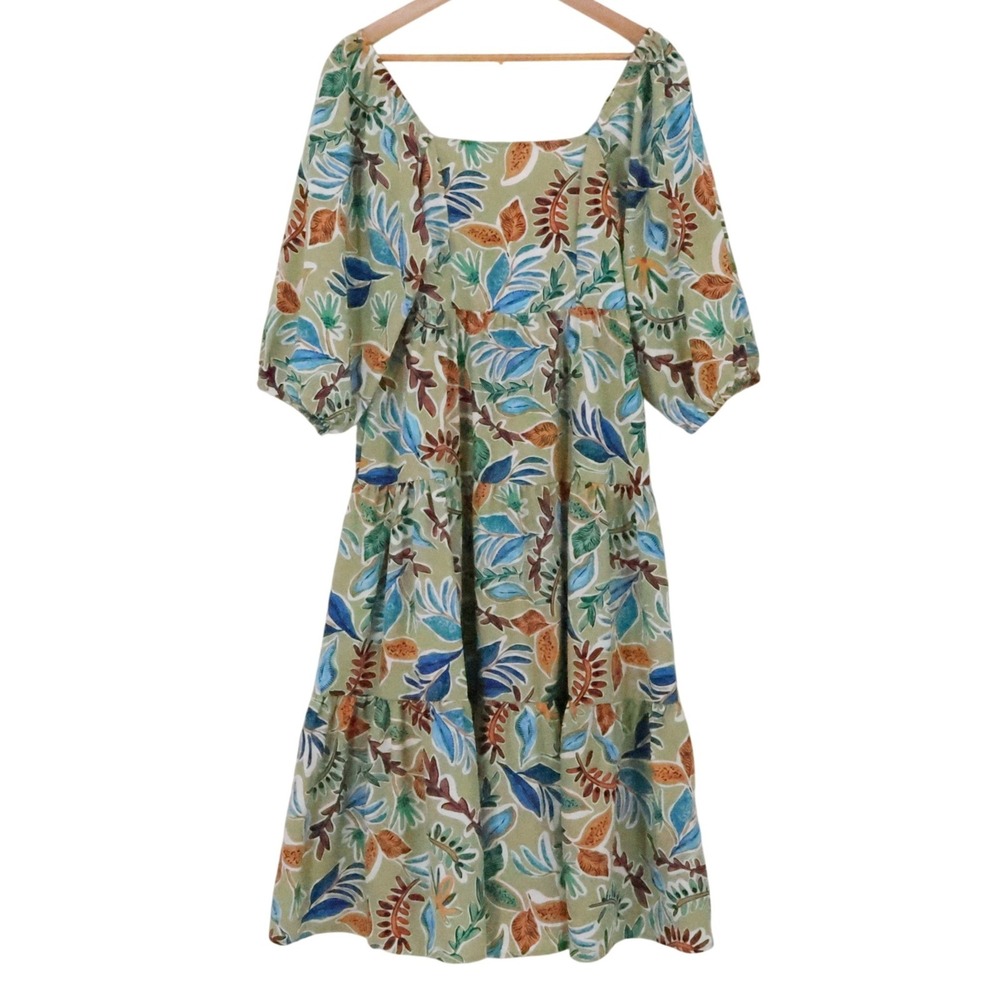 Umgee Tropical Leaf Smocked Tiered Midi Dress Size S Green Boho Peasant NWT